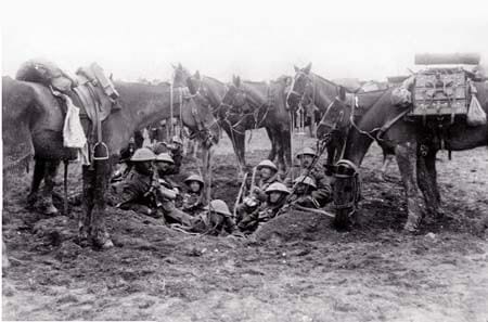 Mounted troops sheltering in a shall hole. Image source: Simon Butler