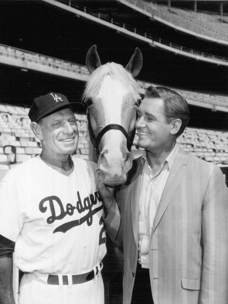  Photo of Dodgers' manager Leo Durocher, Mister Ed and Alan Young at Dodgers' Stadium.