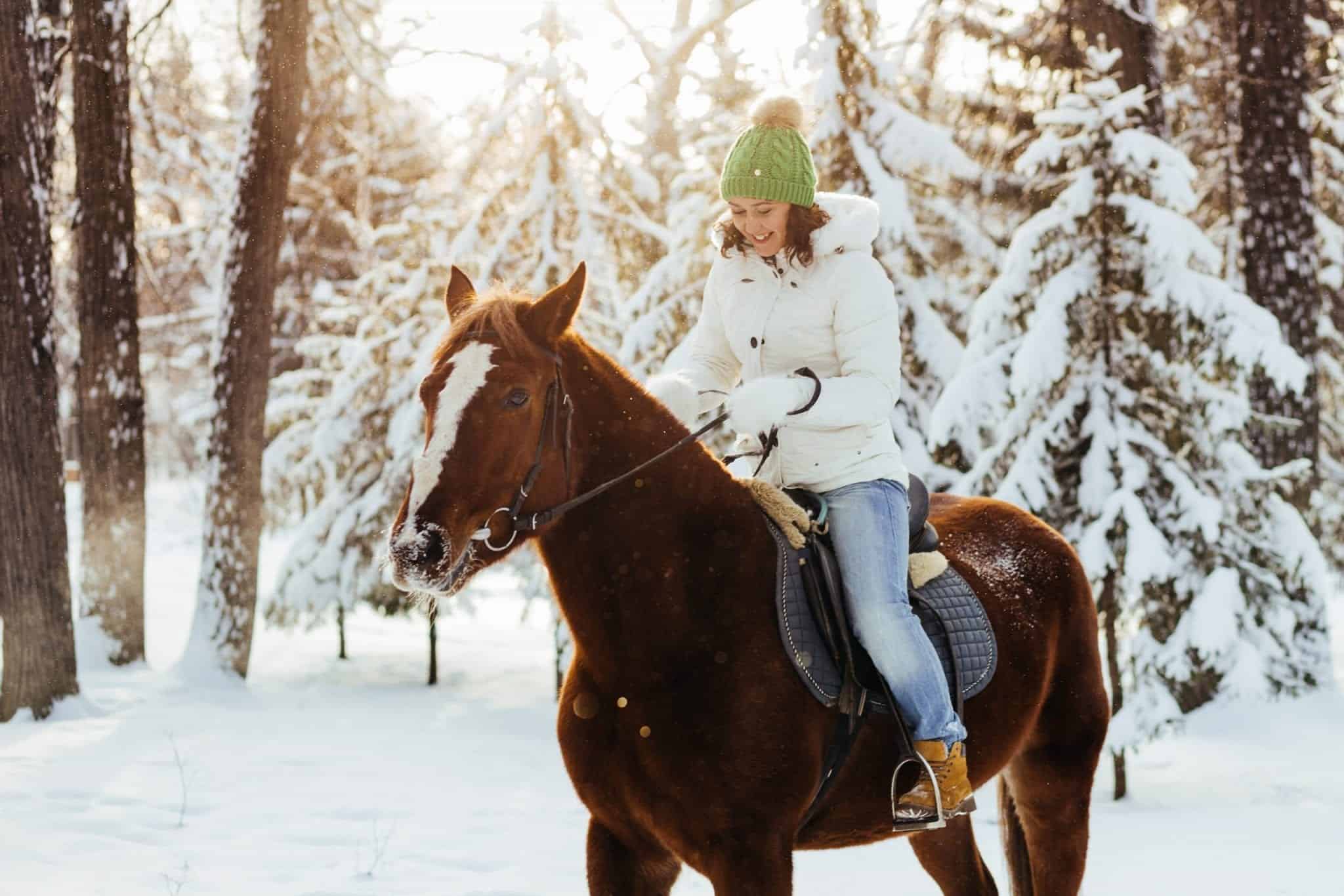 beautiful girl and horse in the winter forest