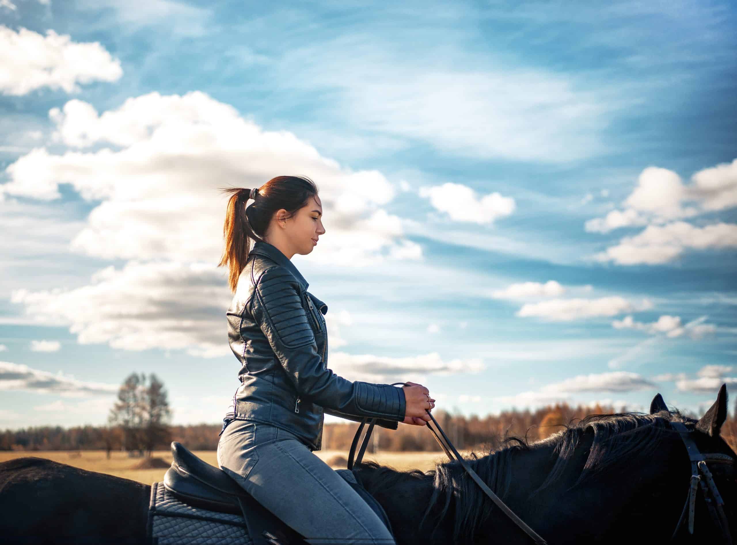 Horseback riding. Girl sitting on a black horse