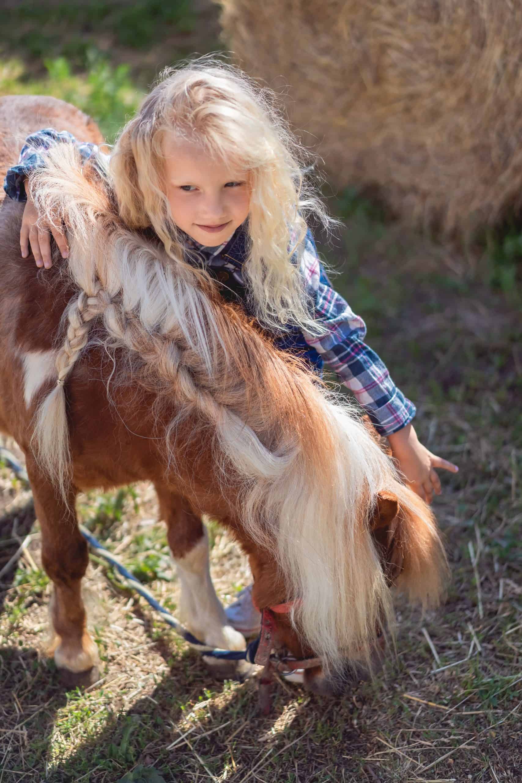 preteen child hugging cute equine at farm