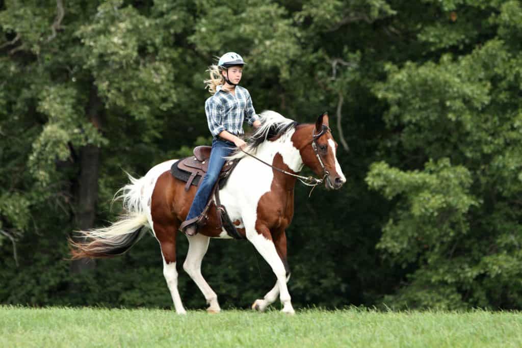 Teenage girl riding a running horse