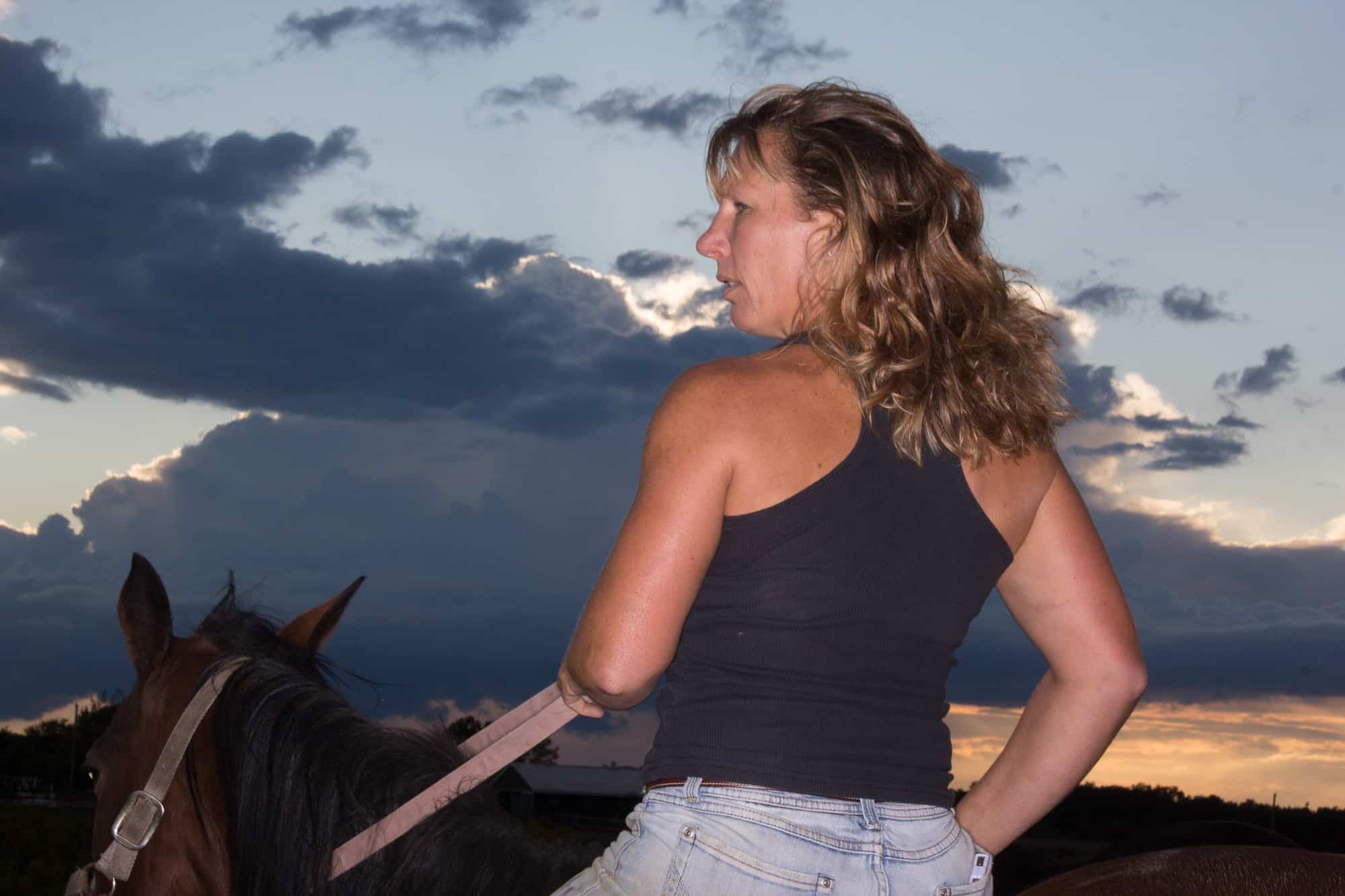 A woman ranch owner trains horses.