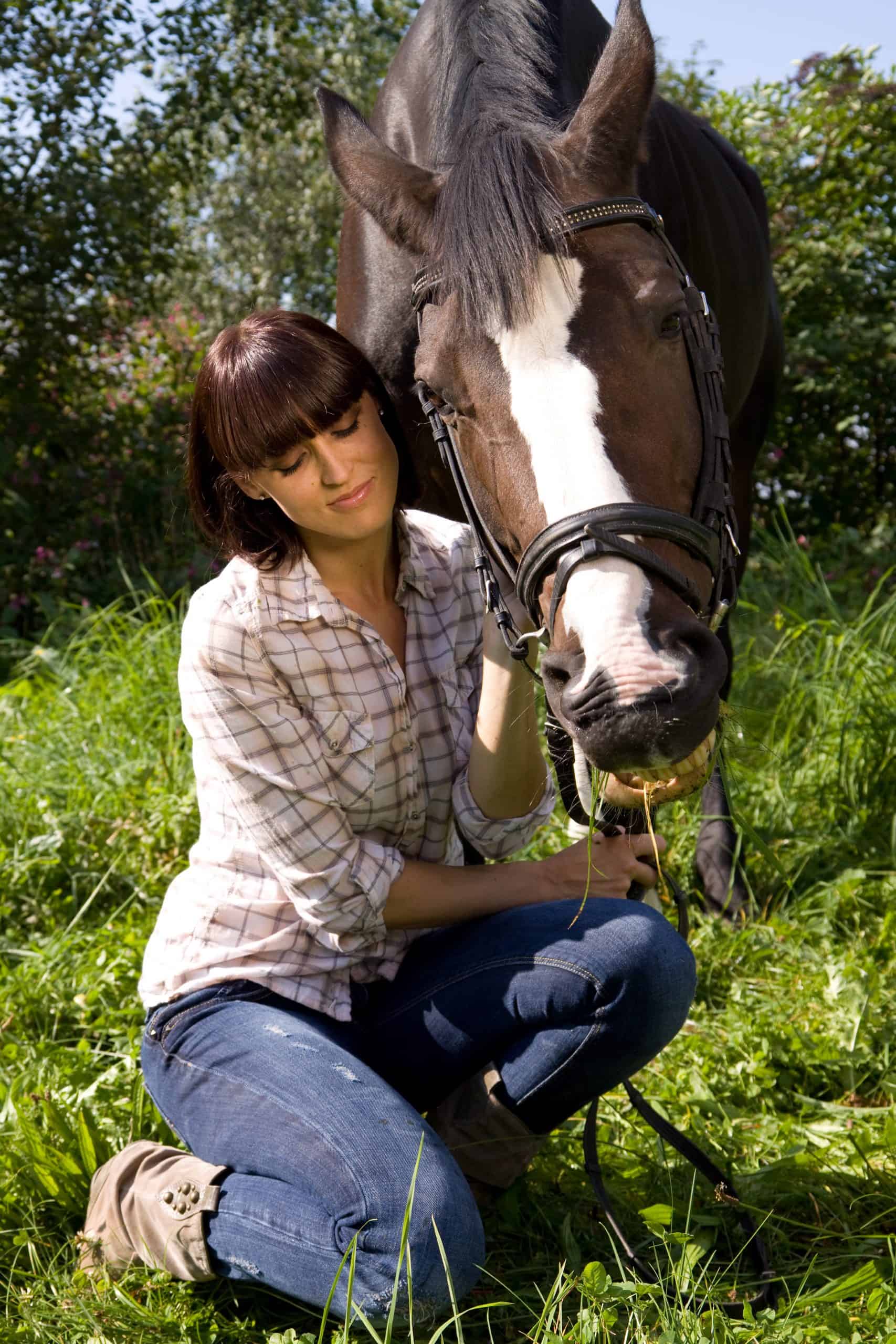 woman giving it to a horse