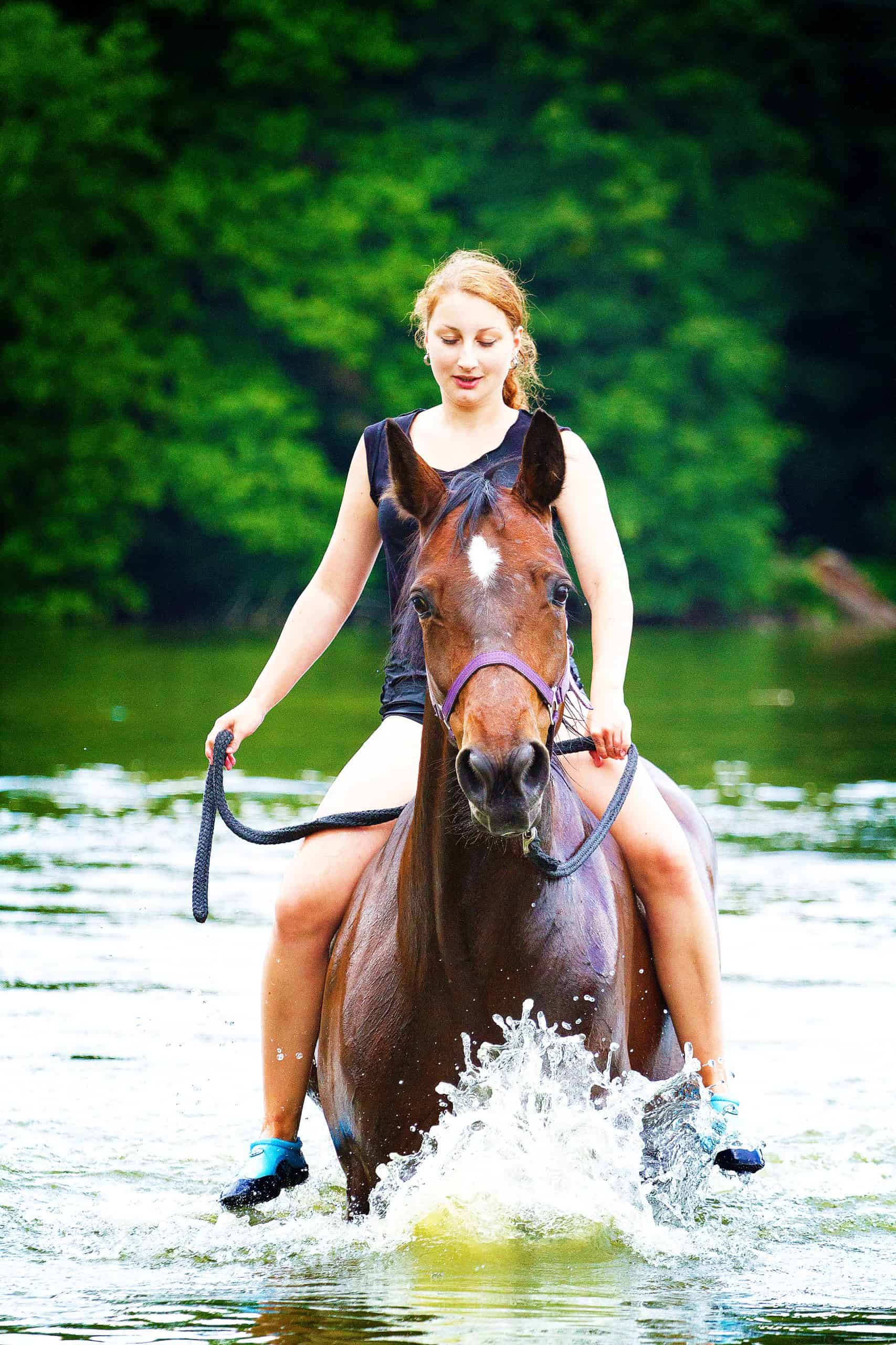 beautiful woman and horse swims