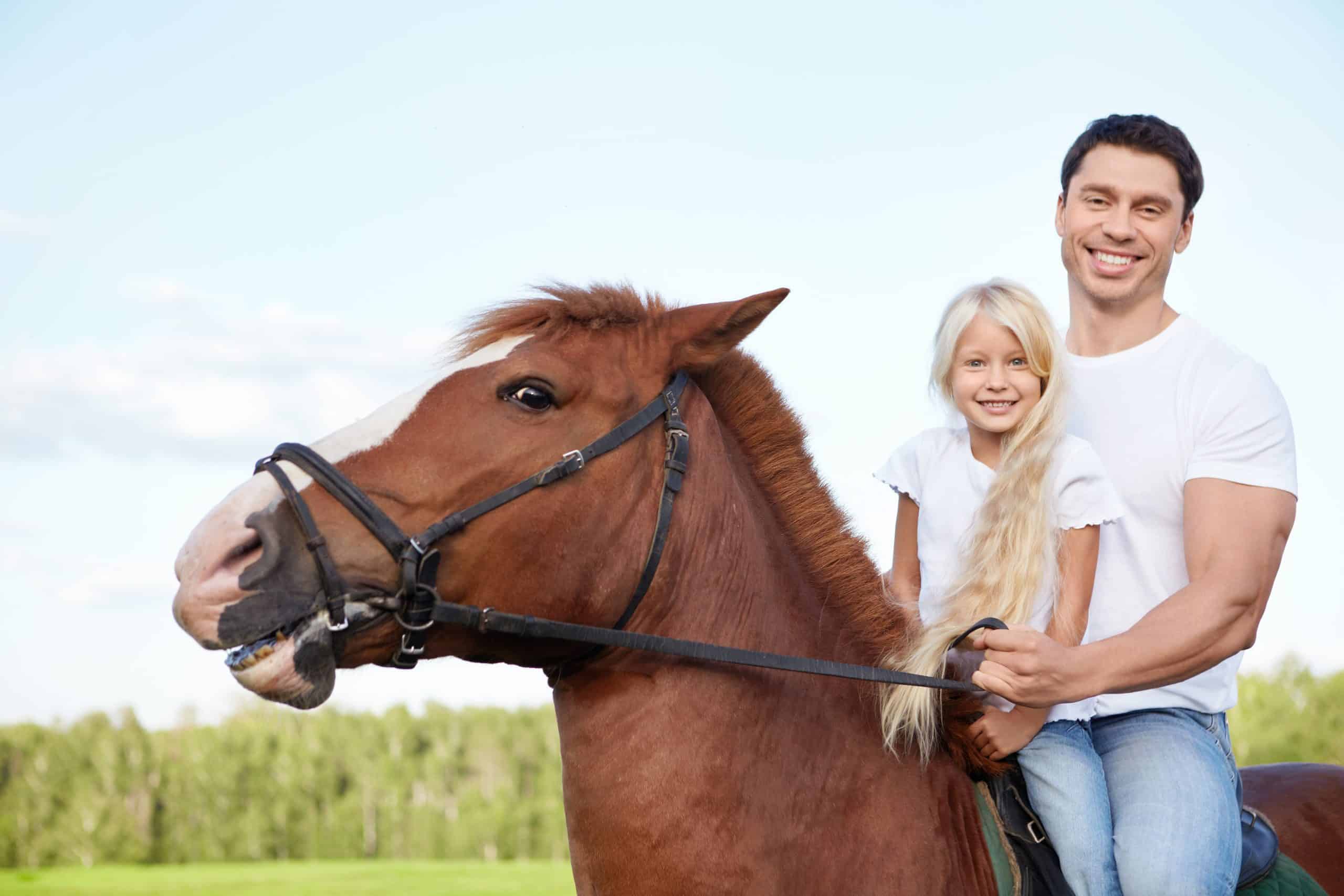 Little girl with her father on a horse
