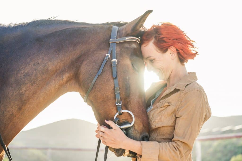 Young farmer woman hugging her horse - Concept about love between people and animals - Focus on girl eye