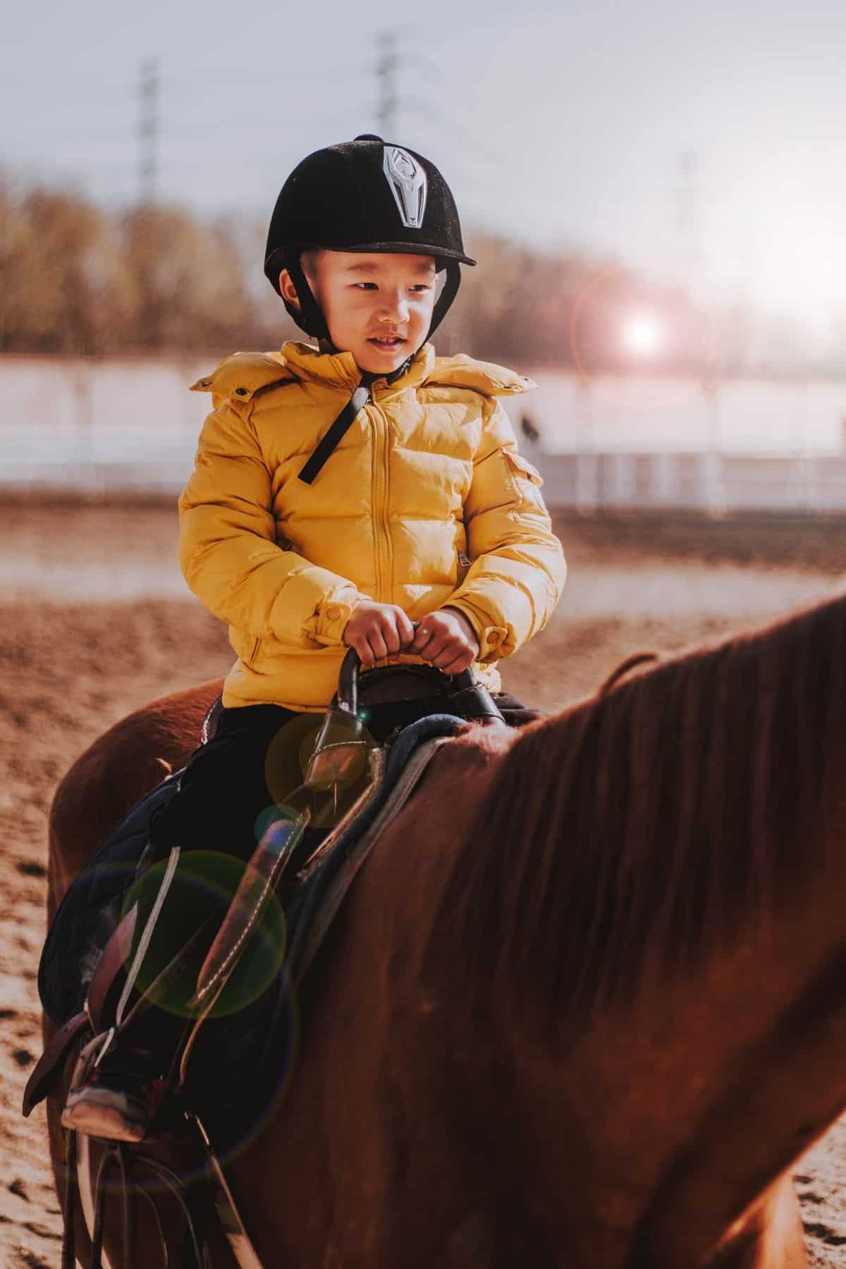 Child in yellow coat on horse