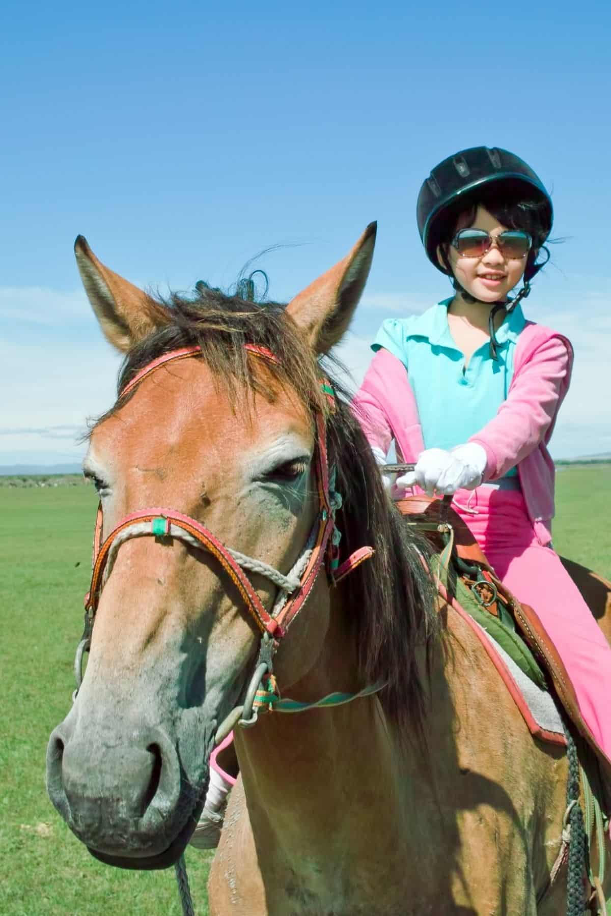 Girl in pink riding horse