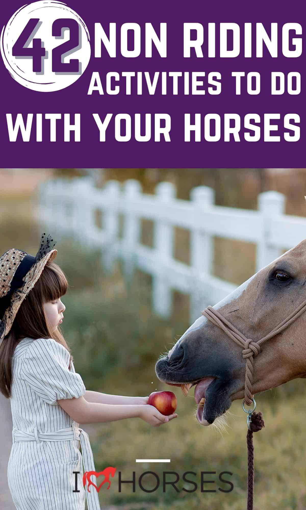 Pinterest image with purple overlay on picture of girl in white holding apple out for horse