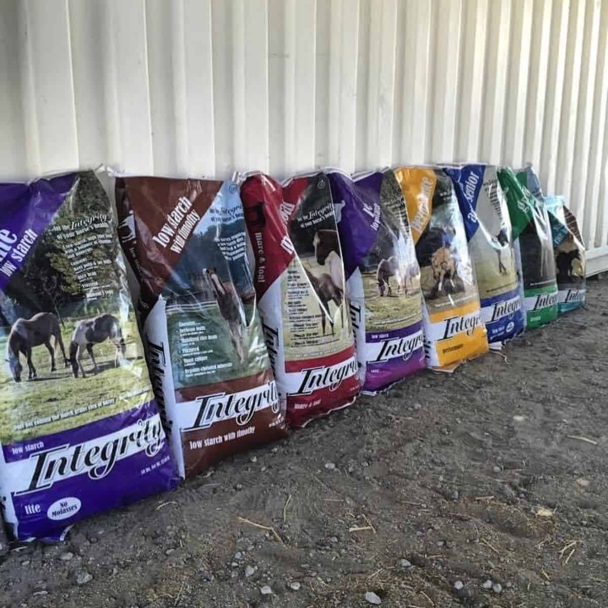 Packages of horse feed supplies.