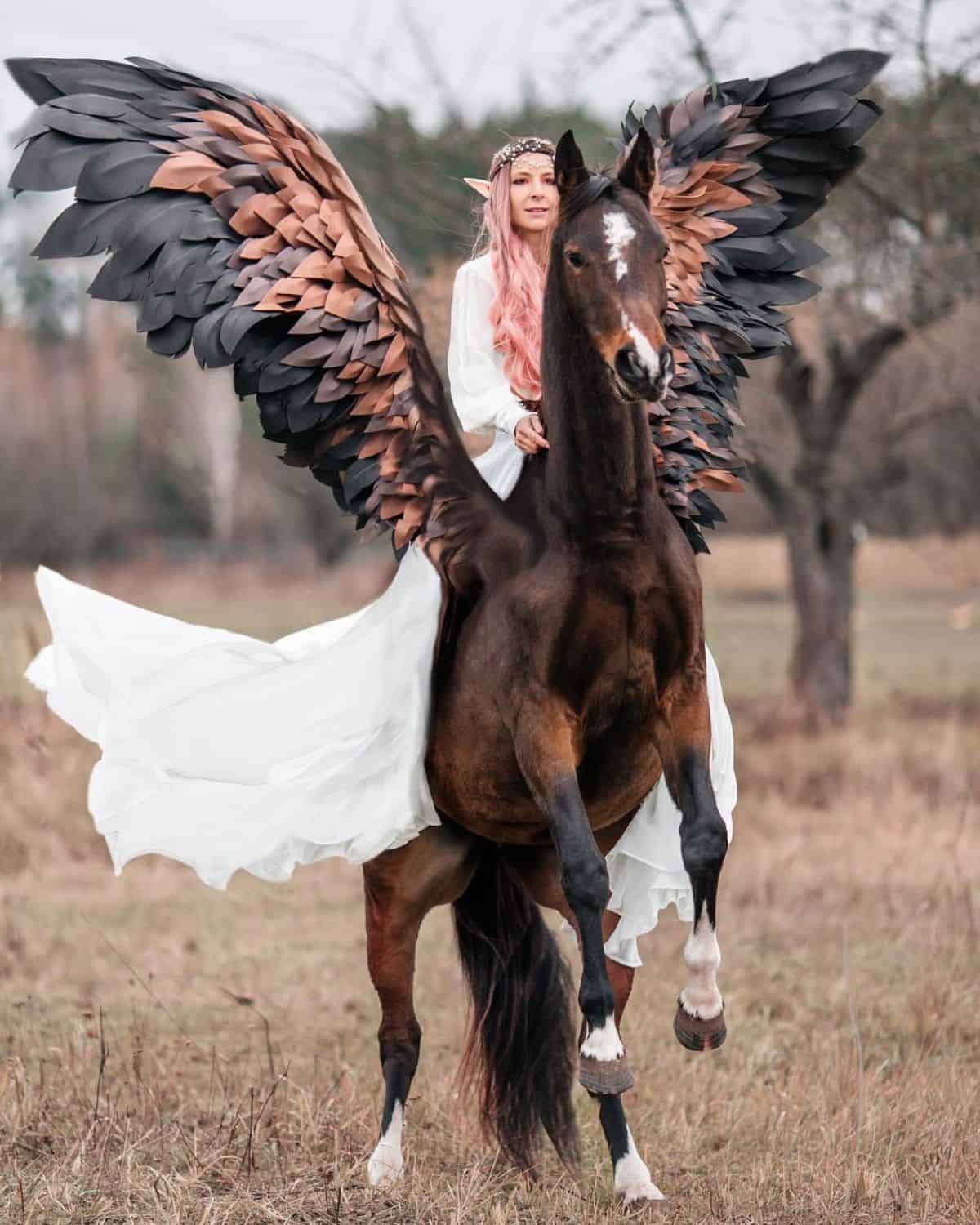 A young woman disguised as elf sits on a brown horse with artificial wings.
