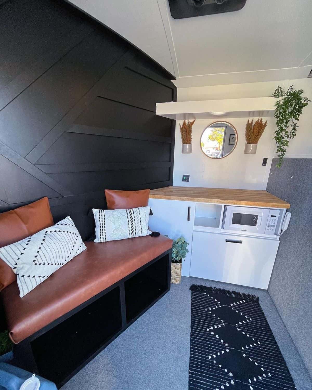 An interior of a modern cozy horse trailer.