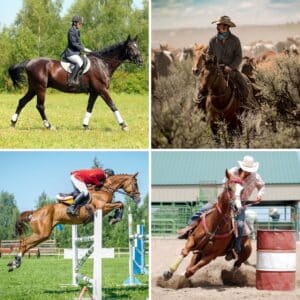 4 images of english and western horse riding styles.