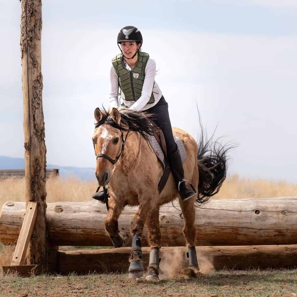 A young woman rides a brown mustang horse.