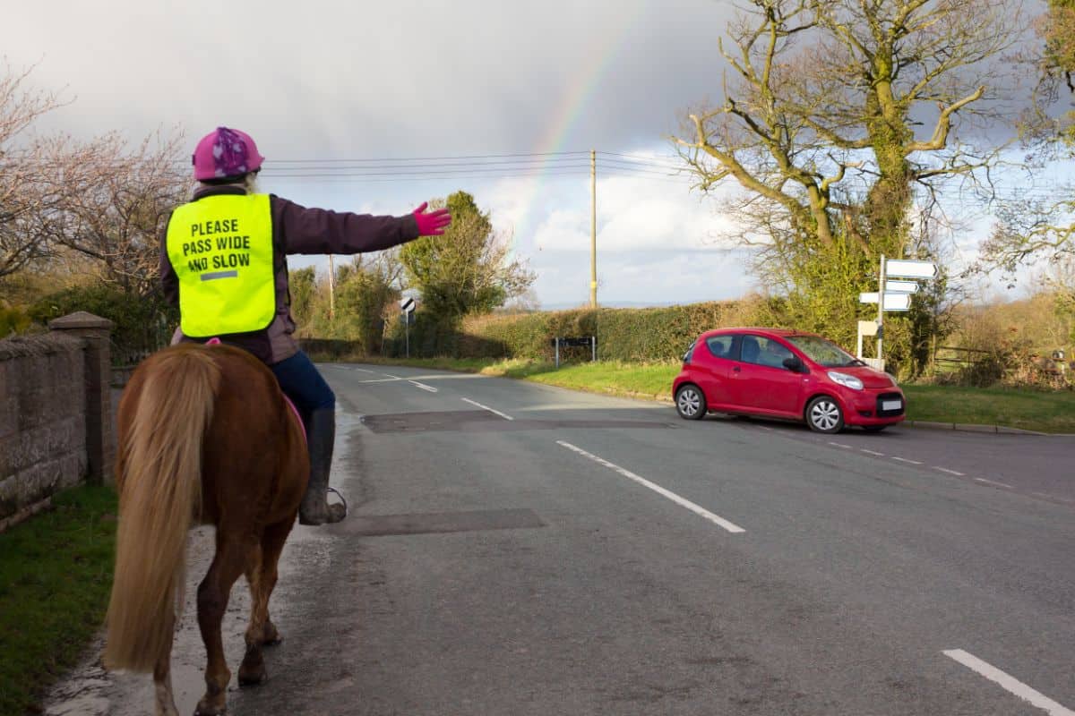 A woman riding a brown horse on the street showing direction.