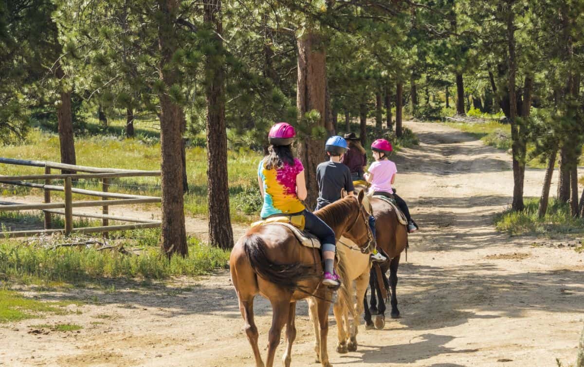 Three kids enjoying a trail horseback ride.