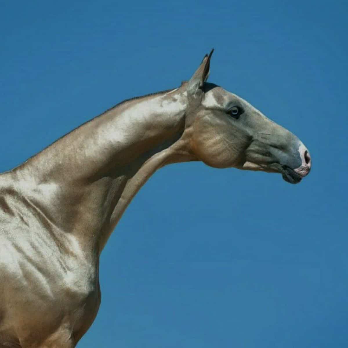 A gray Akhal-Teke horse with blue eyes.