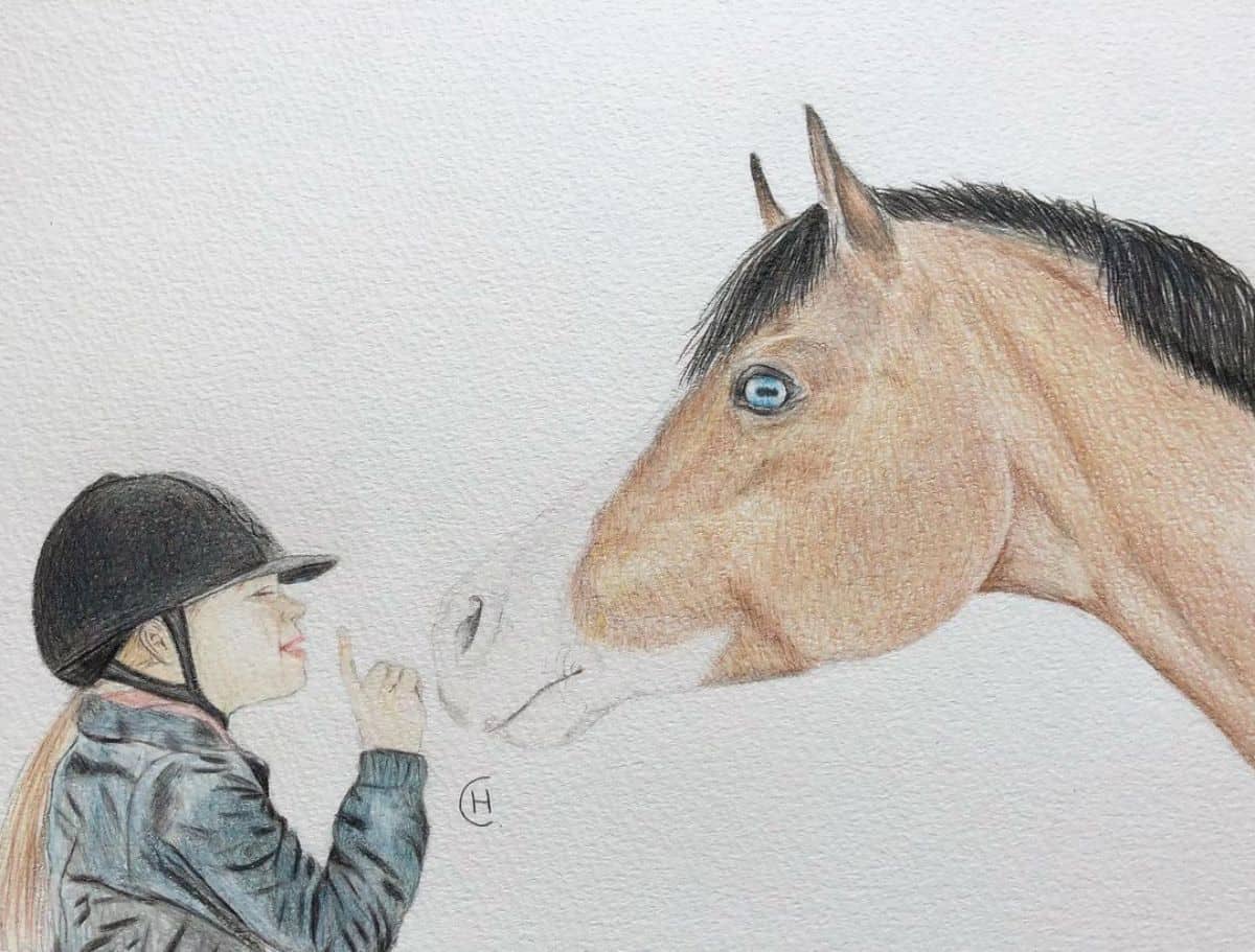 A drawing of a girl talking to a blue-eyed horse.