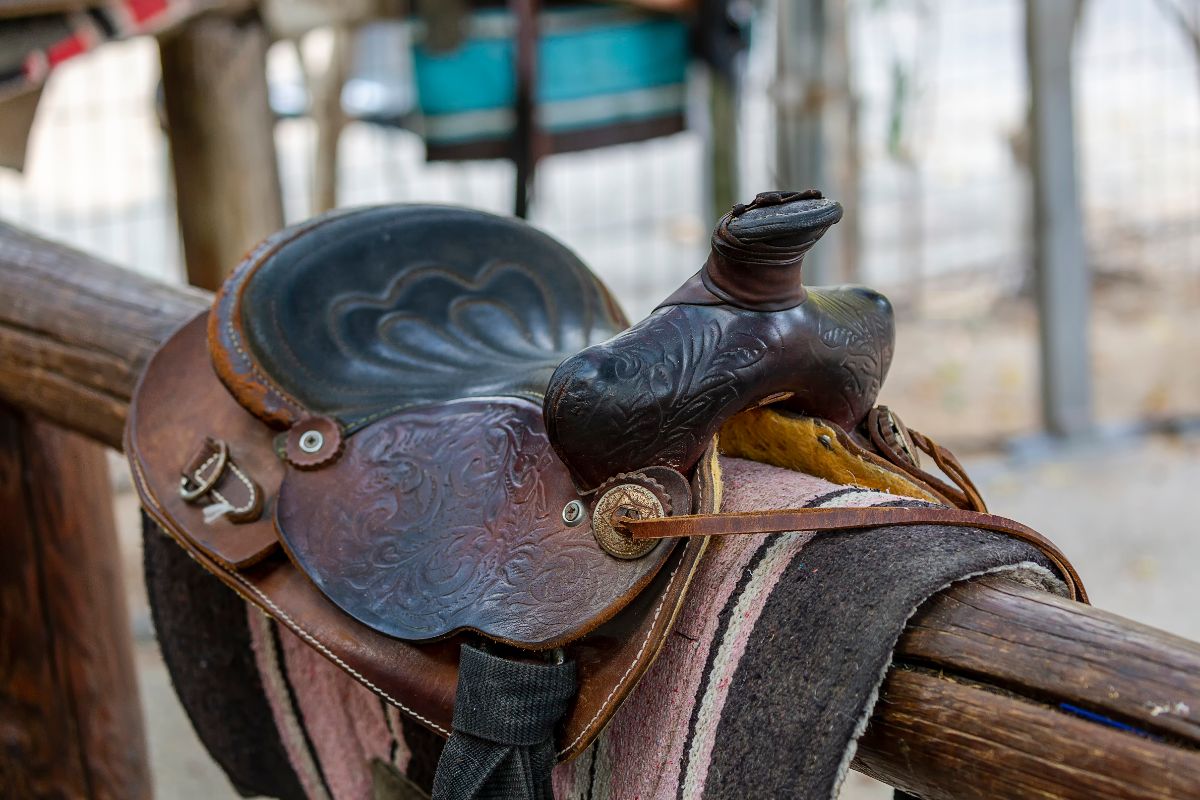 A cowboy leather saddle.