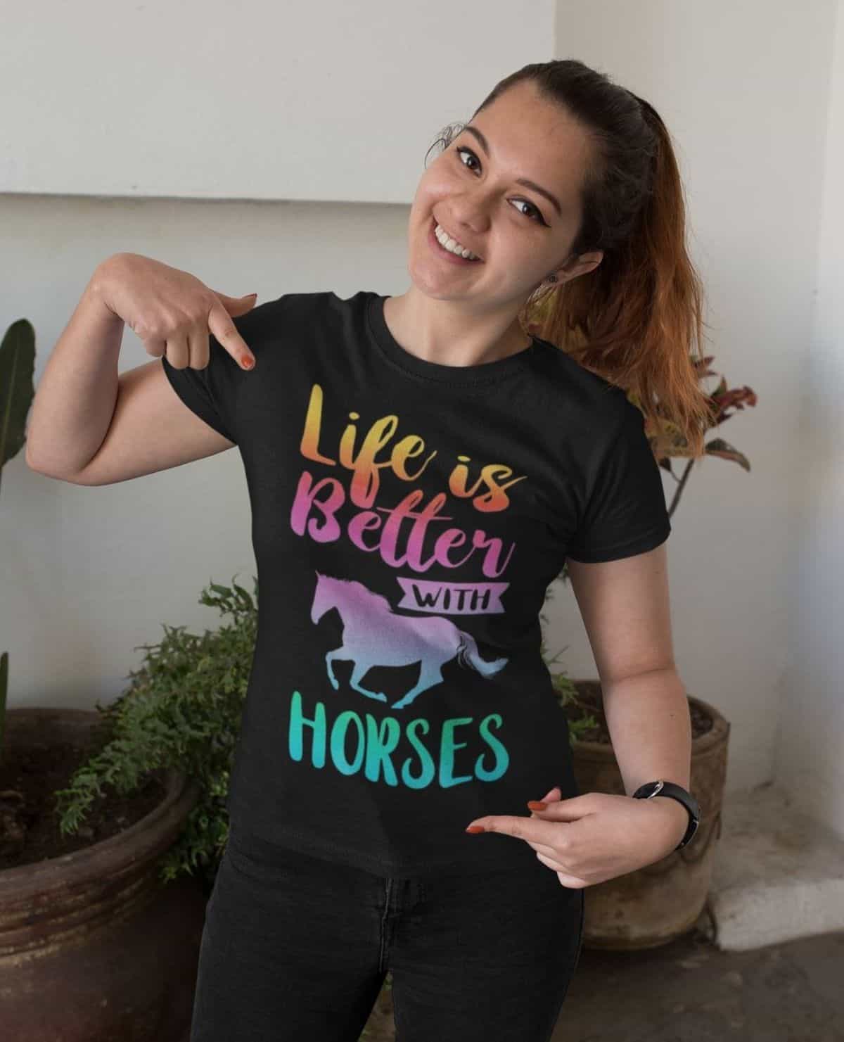 A young woman wears a horse-inspired shirt.