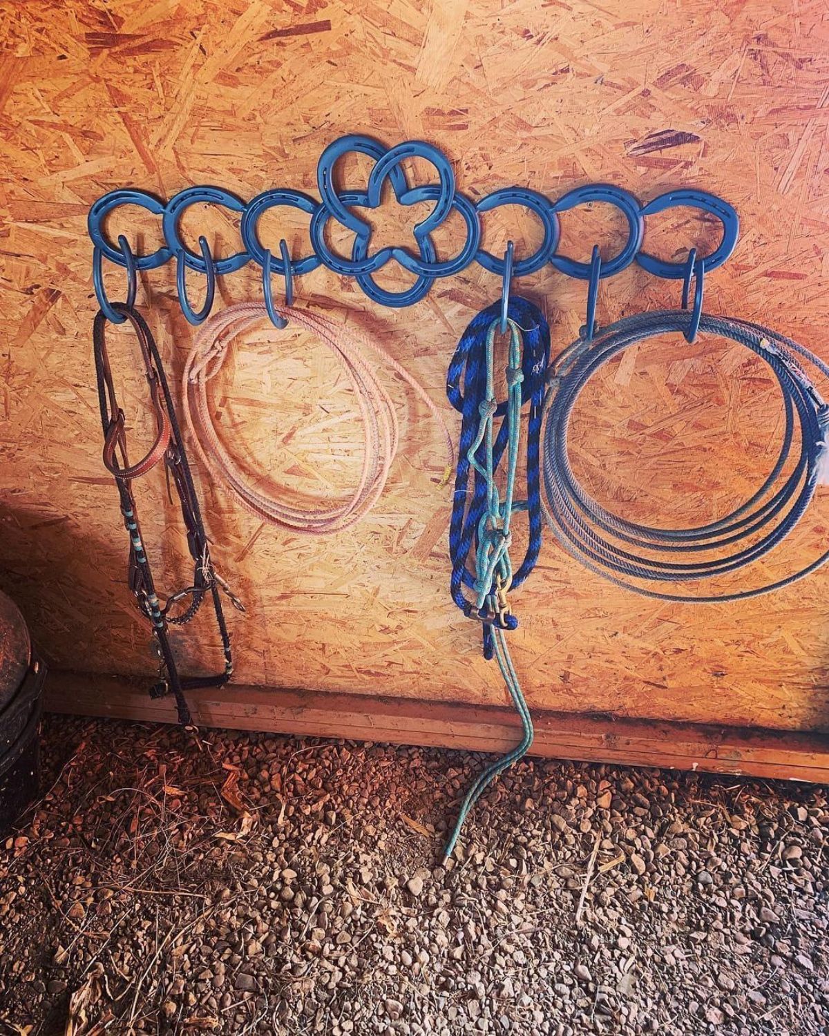 A horseshoe rack with bridles, halters, and ropes.