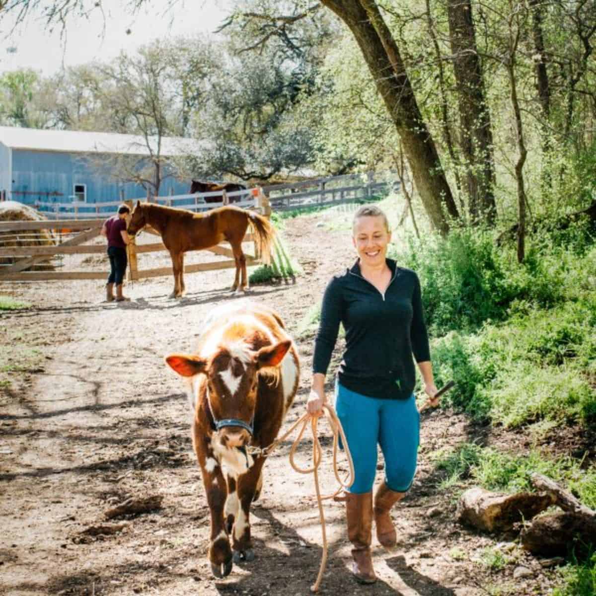 A woman leading a young horse on a ranch.