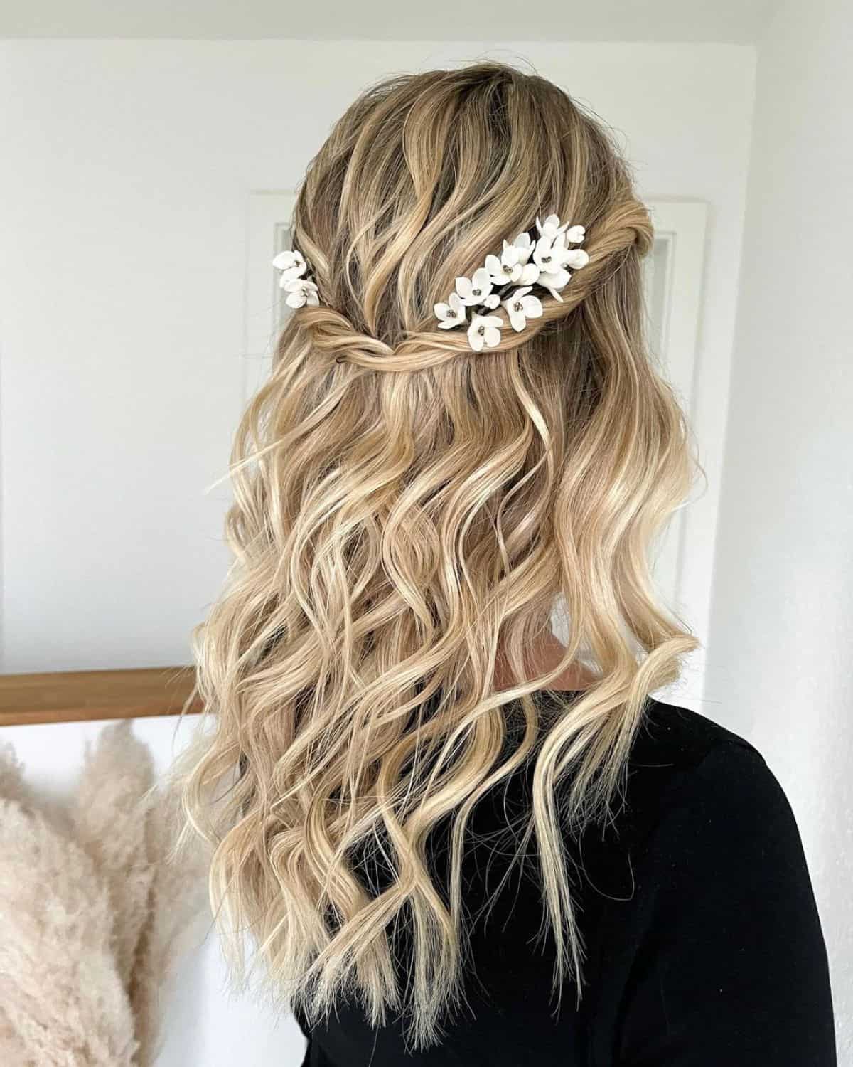 Half-Updo woman's hairstyle.