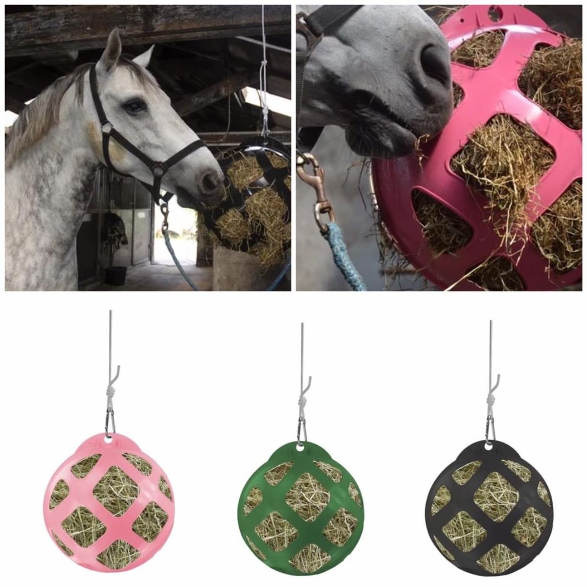 Images of a hanging ball slow feeder for horses.