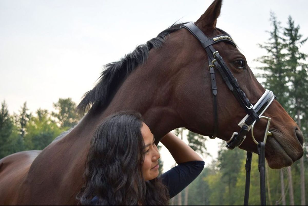 A woman pets a brown Thoroughbred horse.