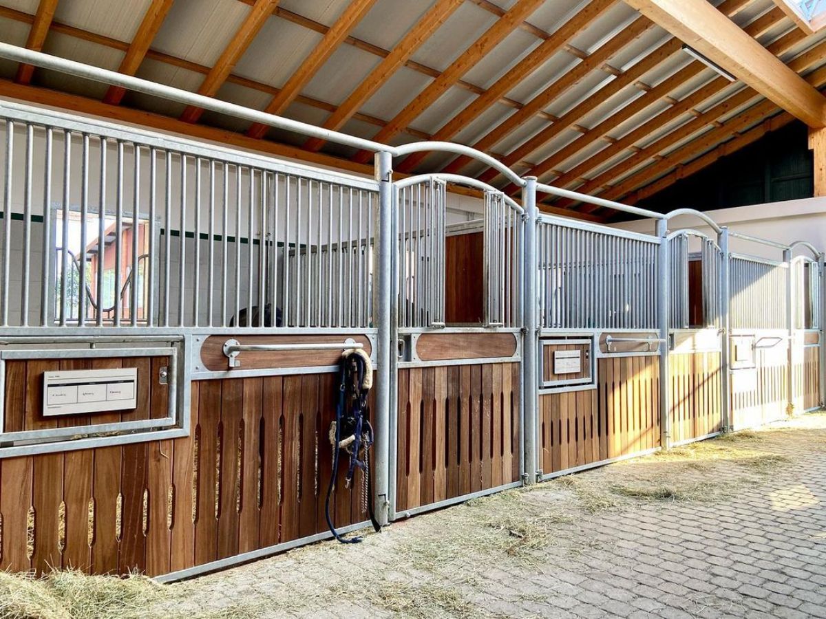 An open horse stall with metal and wooden gates.