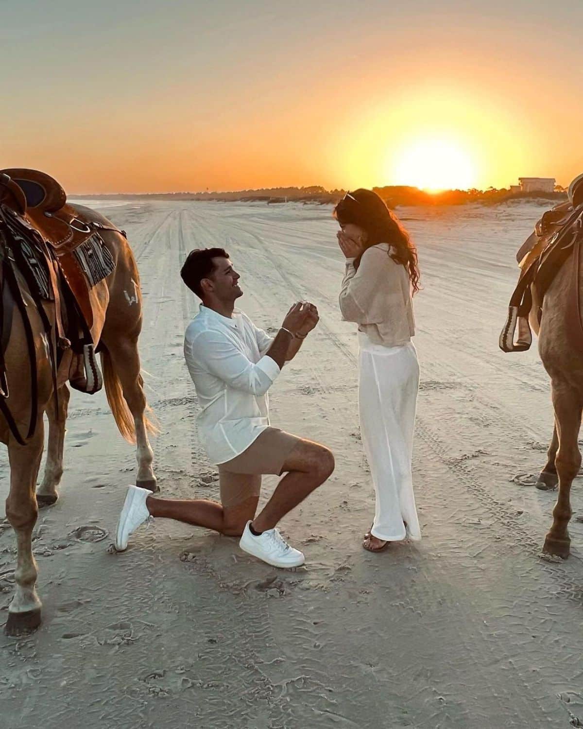 A man proposes to his girlfriend with two horses around.
