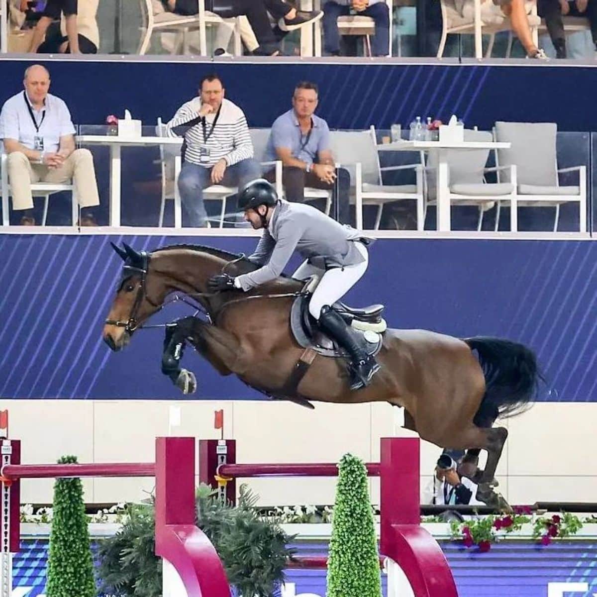 A male Equestrian rider rides a brown horse.