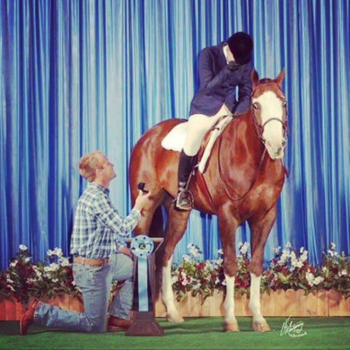A man proposing to her fiance sitting on a brown horse.