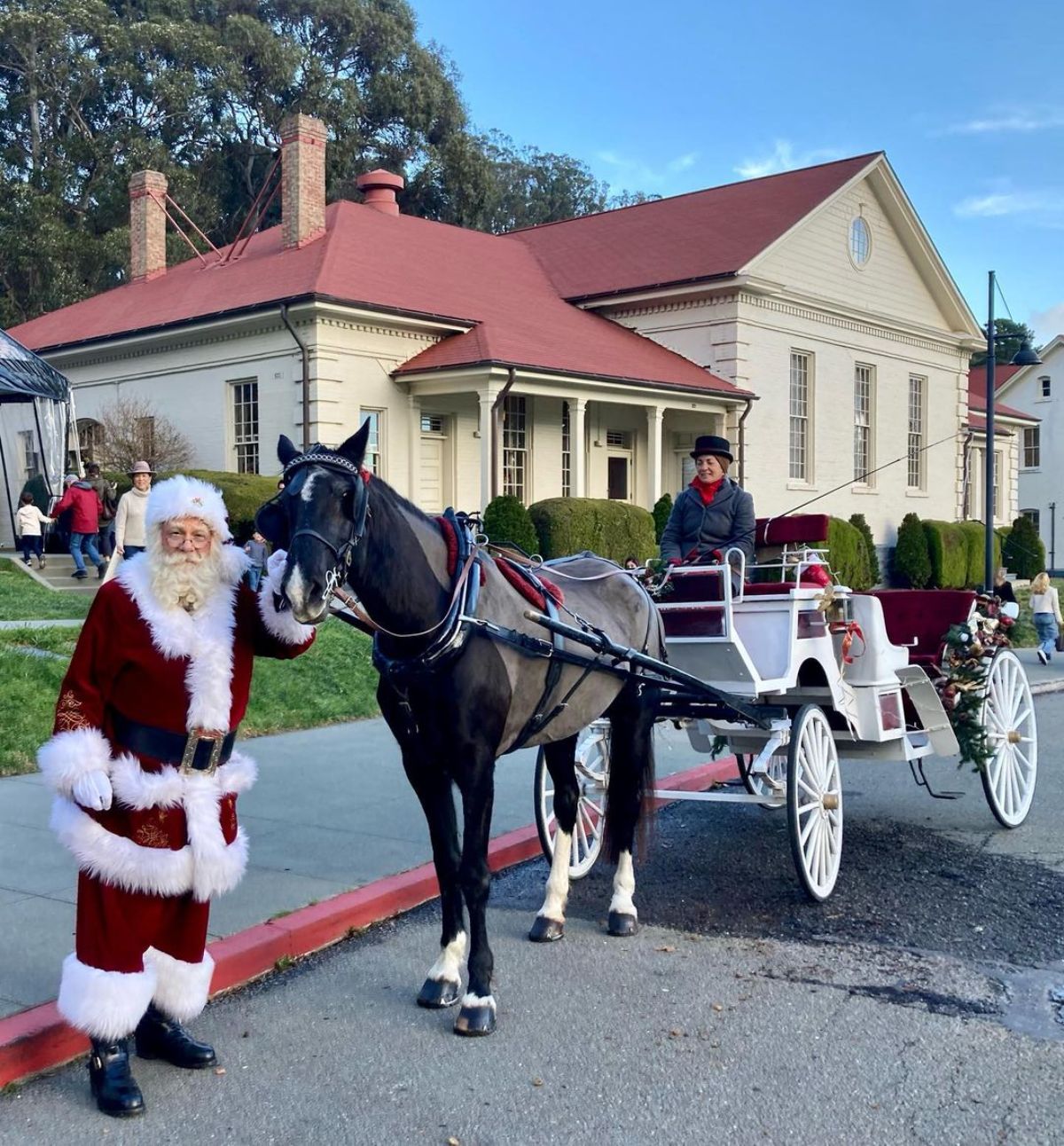 A black Hackney horse with a wagon stands near santa claus.
